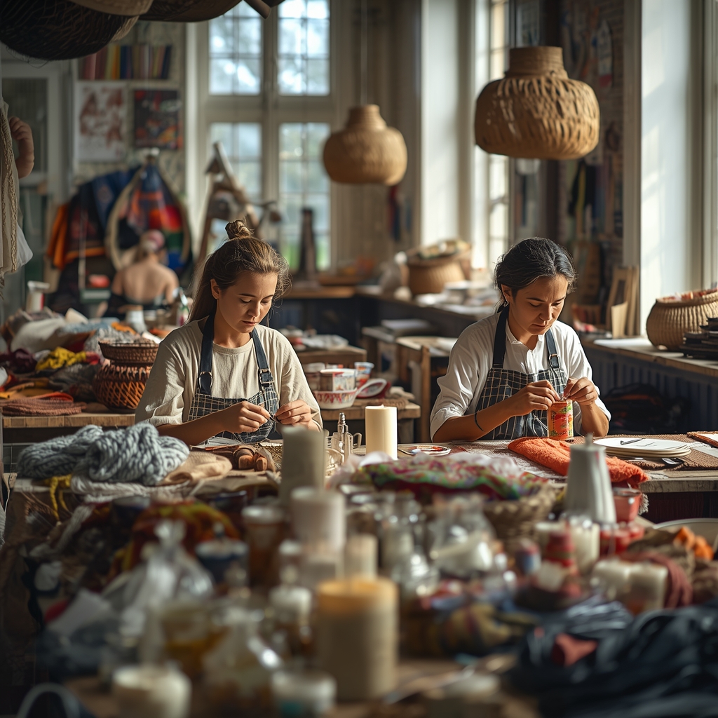 Deelnemers werken samen aan handwerkprojecten